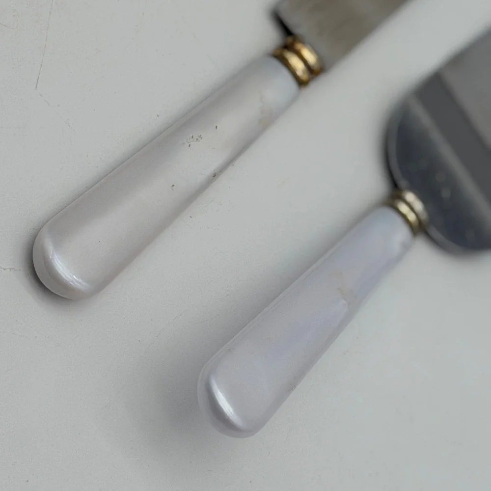 Vintage Stainless Taiwan Cake Knife and Server Set Faux Mother of Pearl Handles
